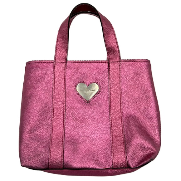 Victoria's Secret Handbags - Victorias Secret Tote Bag Top Handle Small Metallic Pink Faux Leather Barbiecore